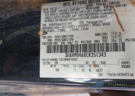 2012 Ford Fusion Se from USA, damaged, VIN 3FAHP0HAXCR351343